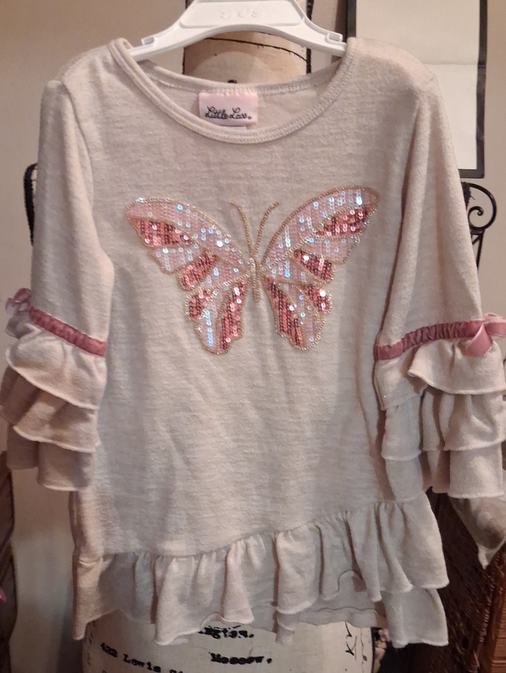Little Lass Cream Ruffle Top with Pink Sequin Butterfly Size 4T